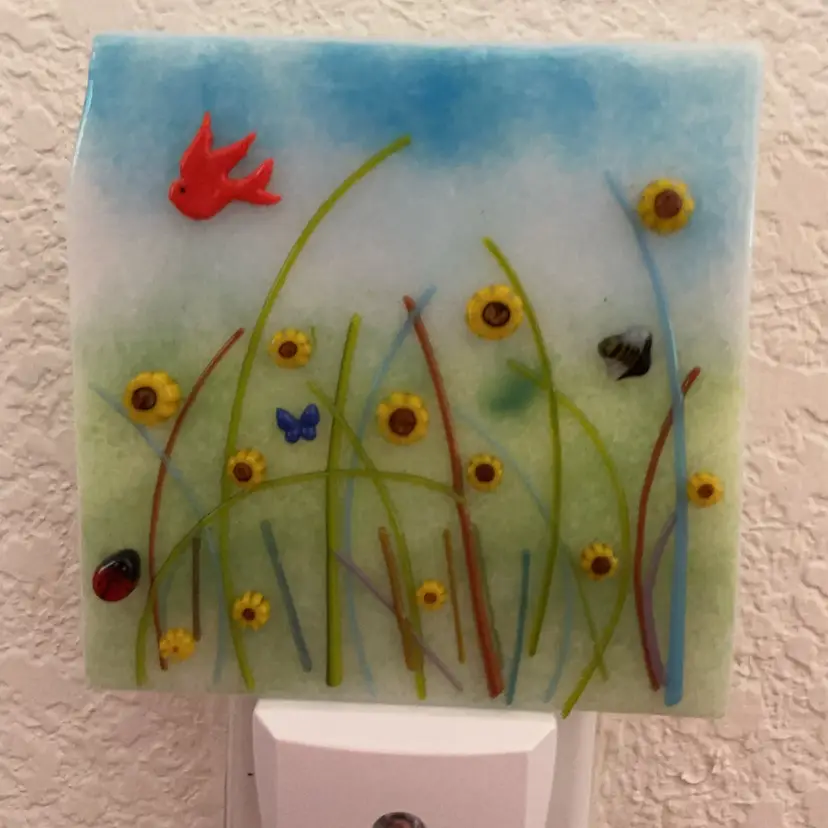 Made by Me! Fused Glass Nightlight Meadow with Bird Design 4” x 4” Studio Art Handmade READ