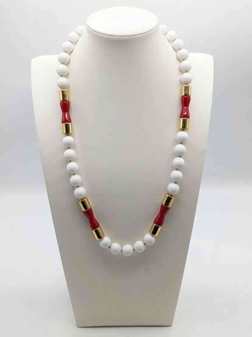 Vintage Napier White and Red Beaded Necklace with Gold Tone Accents