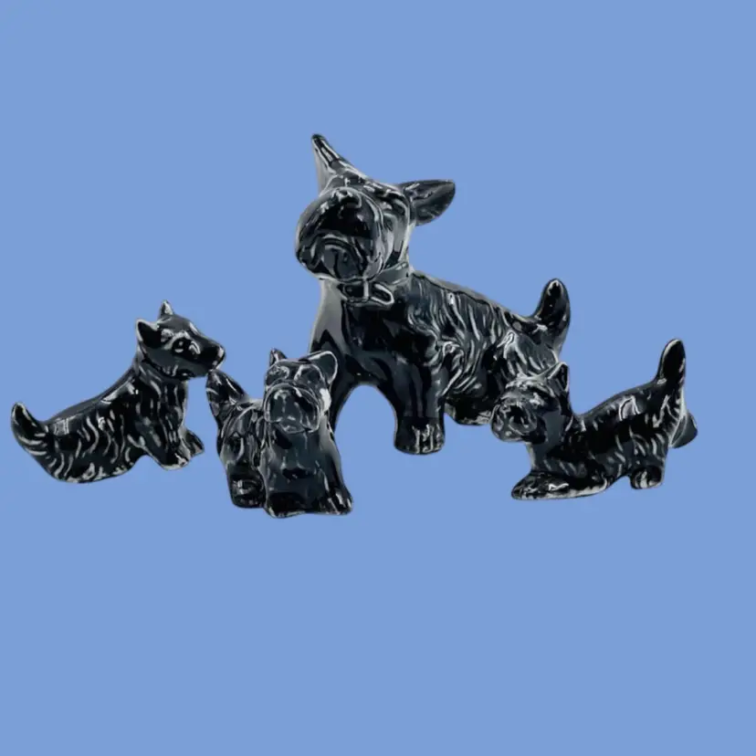 #033- 4pc Miniature Scottie Dog Figurines Porcelain Puppy Germany