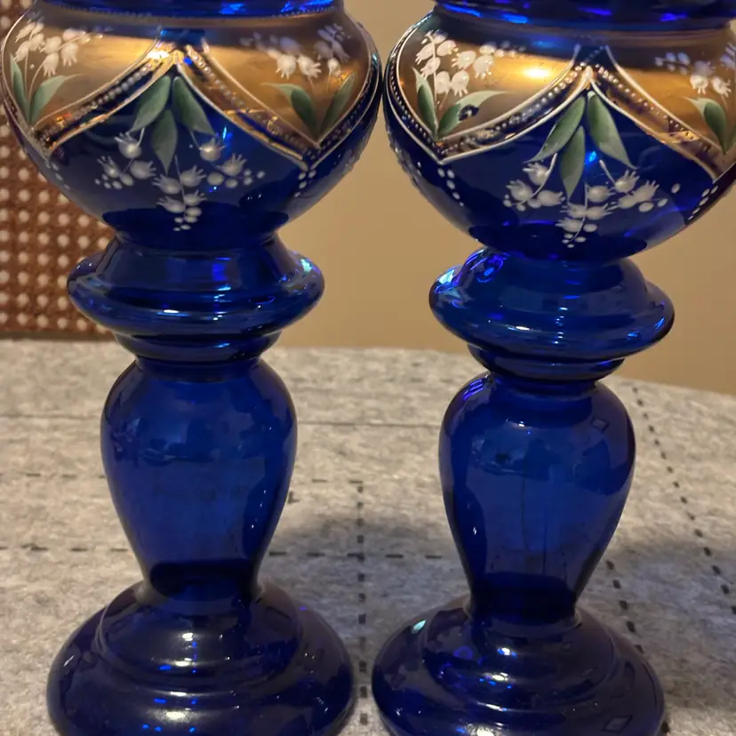 Pair Of 9.5” Cobalt Gold And Enameled Vases