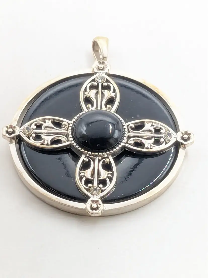 Silver Tone Cross Round Black Rhinestone Large Pendant