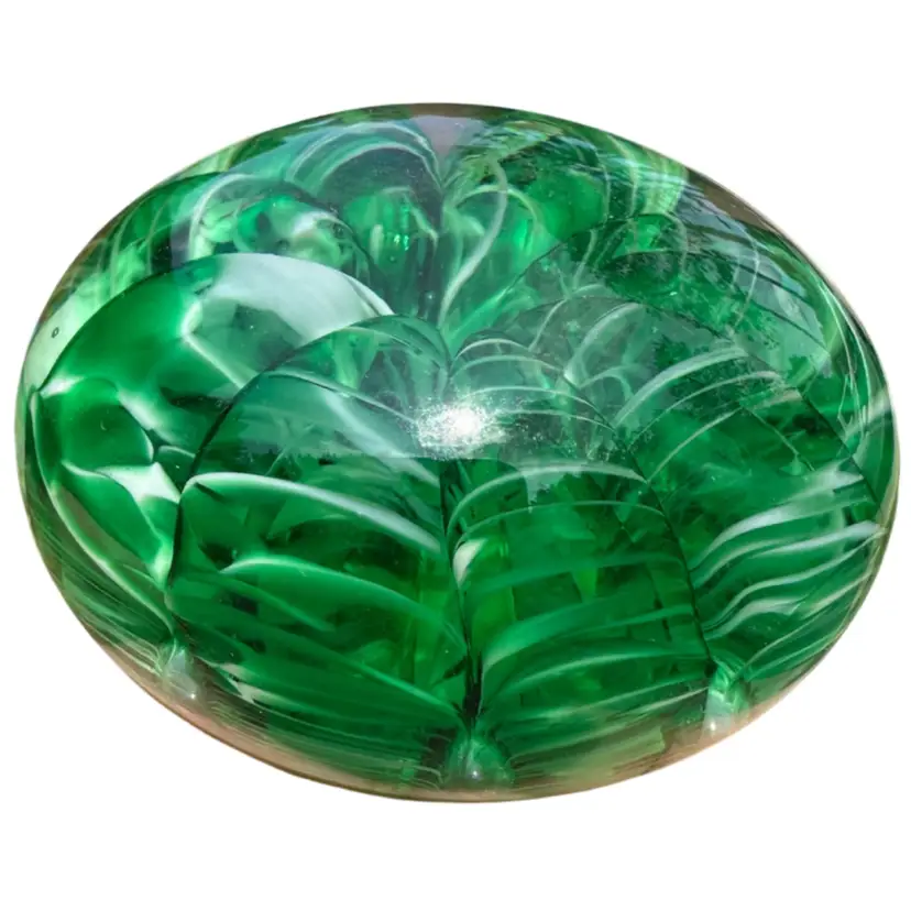 Joe Rice Green & White Ribbon Swirl Paperweight AS IS