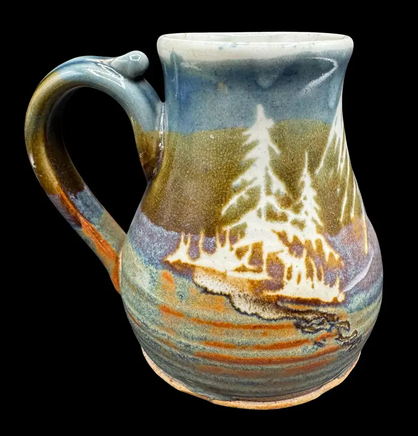 Signed David Hough Studio Pottery Coffee Mug Tree Mountain Moon Landscape 20oz