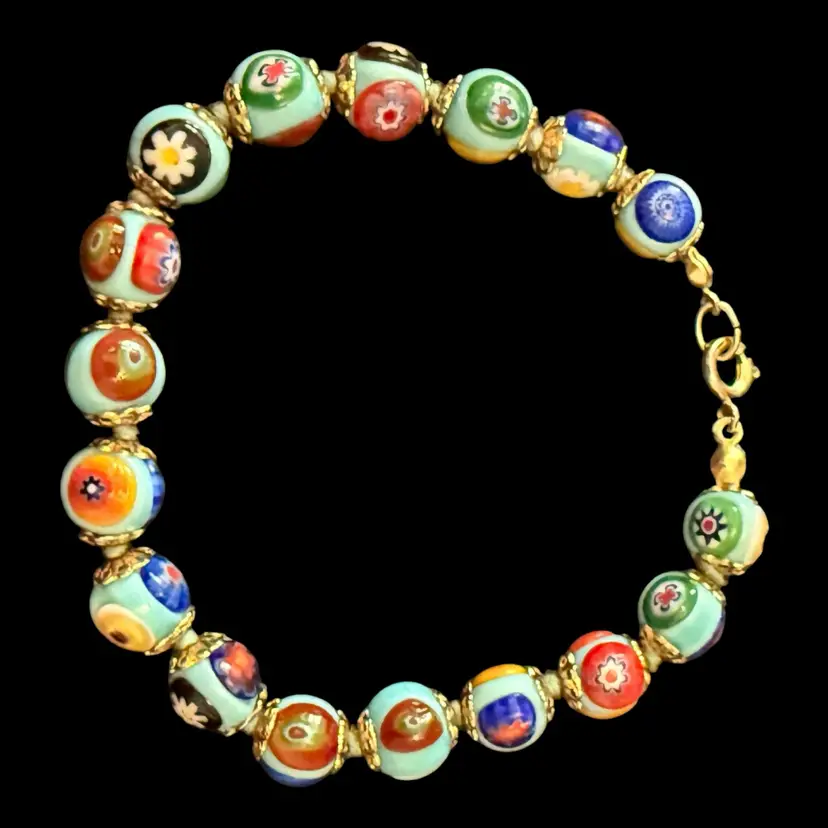 Murano Glass Millefiori Beaded Bracelet 8”