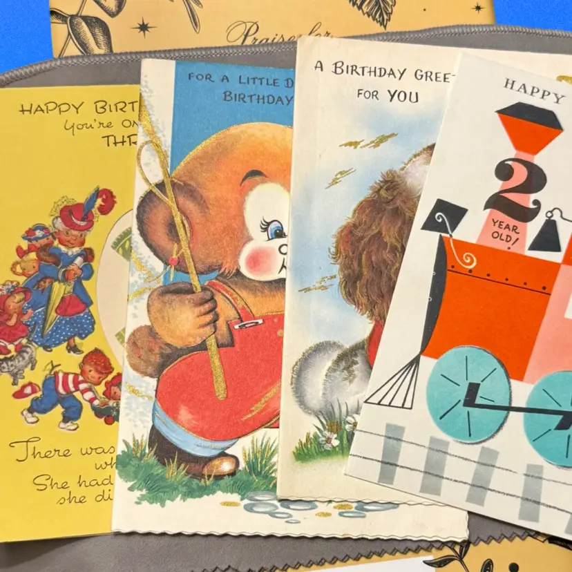 Lot/4 Vintage Juvenile MCM Birthday Cards, Used