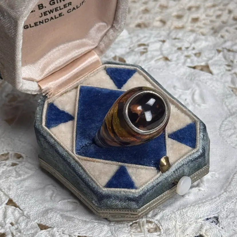 Sterling Silver Cheetah Enamel Smokey Stone Sz 10
