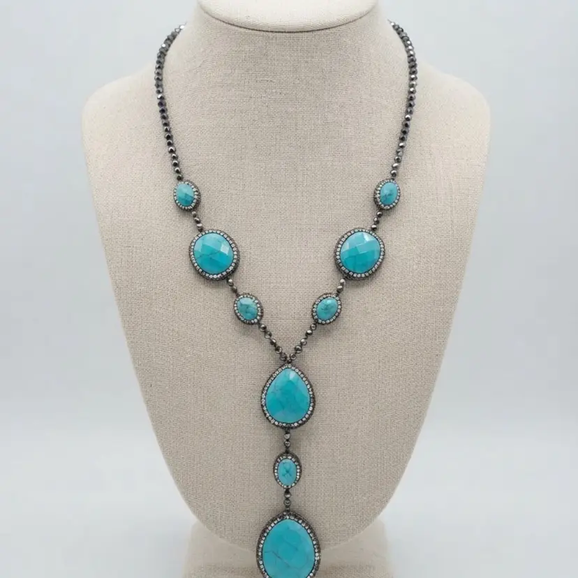 Iris & Lily London Statement Necklace Turquoise Gemstones Rhinestone Pavé Gunmetal Long Y-Drop