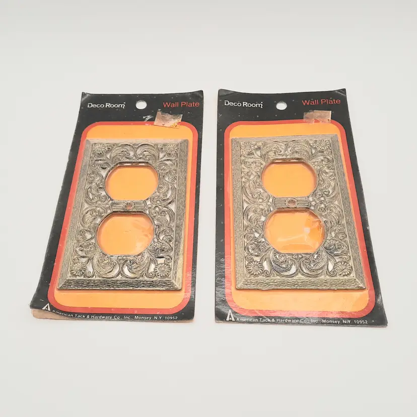Vintage Antique Brass Filigree 2 Outlet Wall Plates Deco Room American Tack & Hardware Set of 2