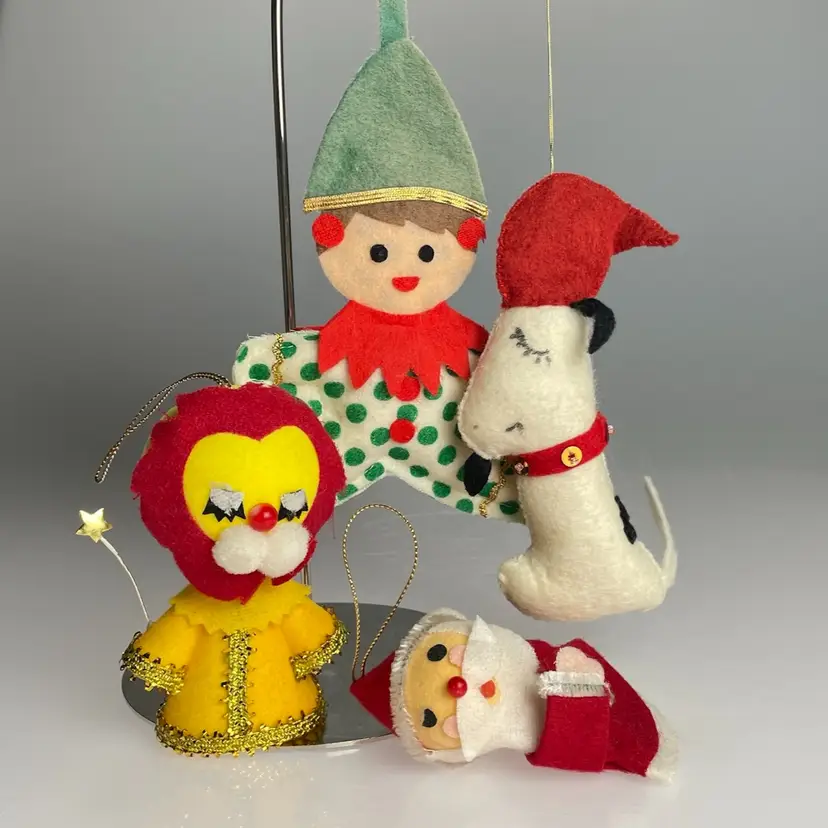 Flocked Felt 50s 60s Christmas Ornaments Santa, Lion, Elf, Dog / Snoopy Vintage Midcentury Lot