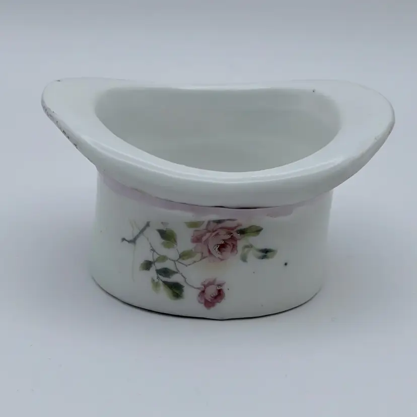 Antique, Porcelain, Top Hat, Toothpick Holder/Ring Holder/Trinket Dish, Applied Design and Hand Painted, Pink Rim