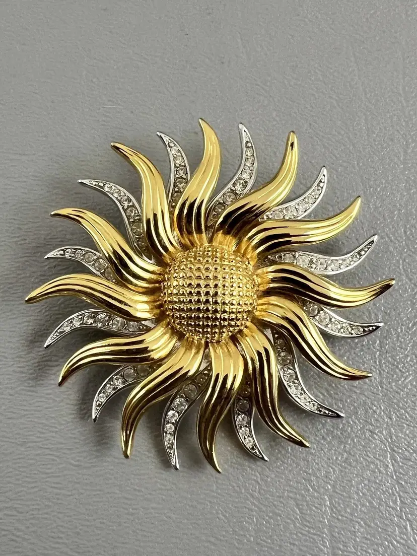 Kenneth Jay Lane KJL Sunflower Sunburst Brooch Rhinestone Two Tone Signed