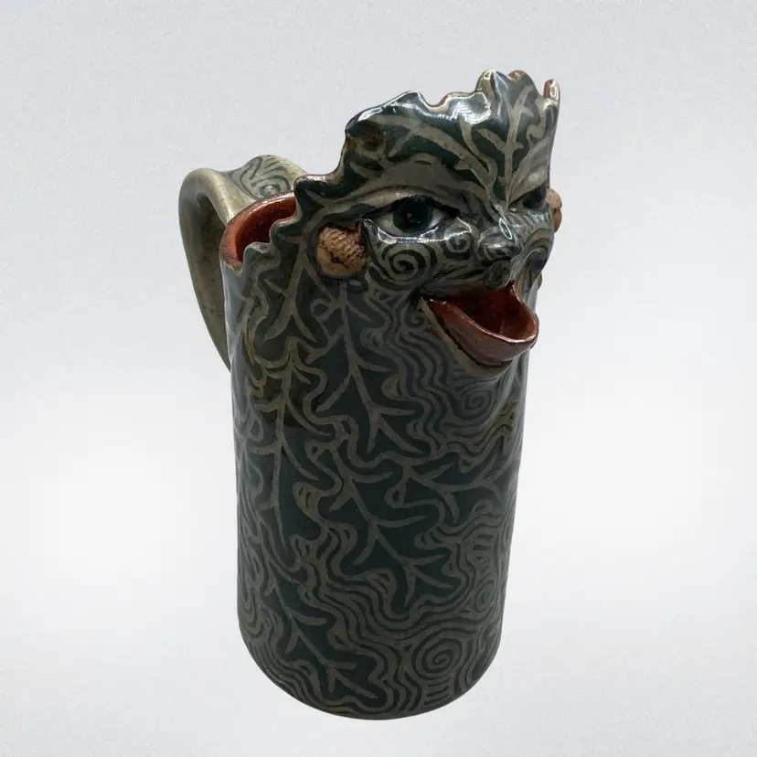 Green Man Pottery Face Mug Pitcher Acorns Fall Autumn Artist Signed 8”