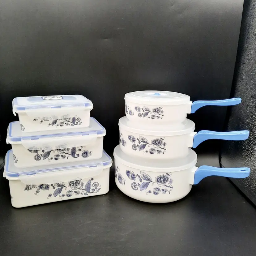 Blue Floral & White Plastic Lidded Storage Containers 3 Round & 3 Rectangle Set