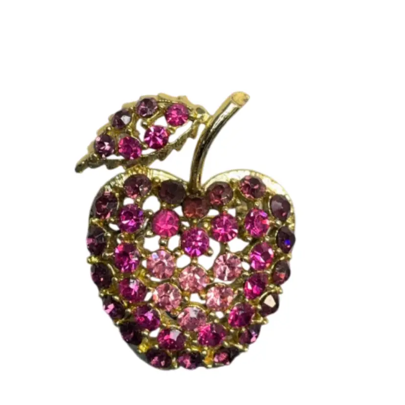 Fab Pink Rhinestone Apple Pin 1 3/4”