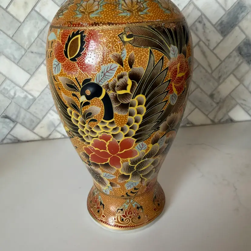 Antique Chinese hand-painted Satsuma-style vase with swan motif. 8.5” 
CALL OUT- Chip On Rim