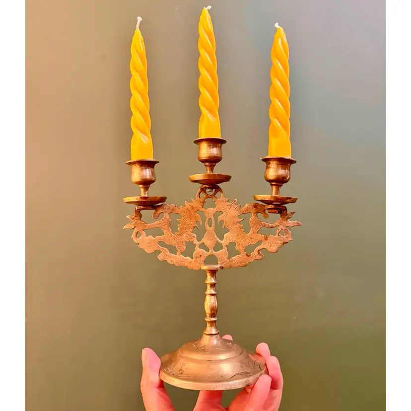 😻 Brass Double Dragon 3-Light Candelabra + Beeswax Twist Candles