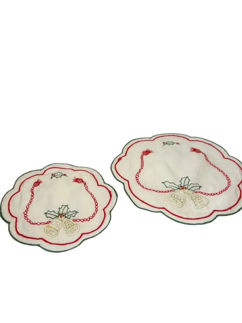 2 Vintage Christmas Themed Table Top Scarves 8”and 6” Diameter
