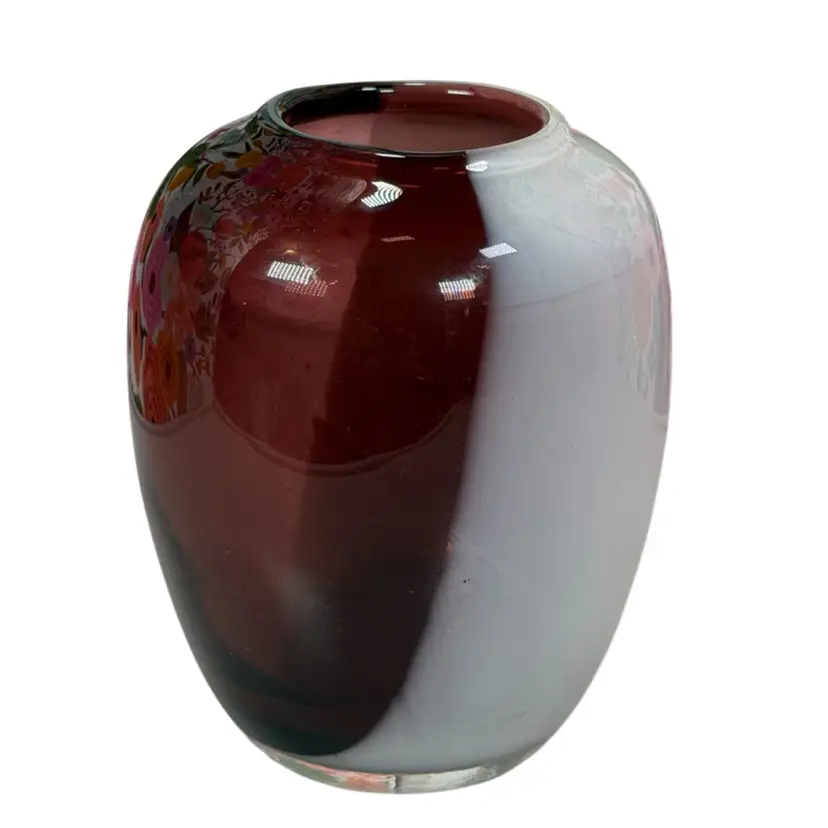 Vintage Hand Blown Cased Art Glass Vase | Amethyst & White Glass | Modern Sculptural Decor