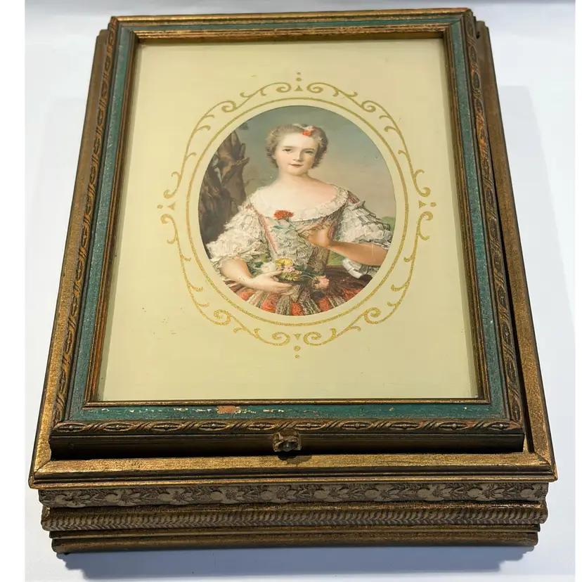 Vintage Italian Florentine Gilt Wood Portrait Box- Madame de Pompadour- Velvet Lining- 8.5”x6.5”x 3”
