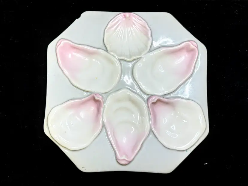 Antique Porcelain Oyster Plate Pink White 5 Wells Lemon Well Octagonal A1230