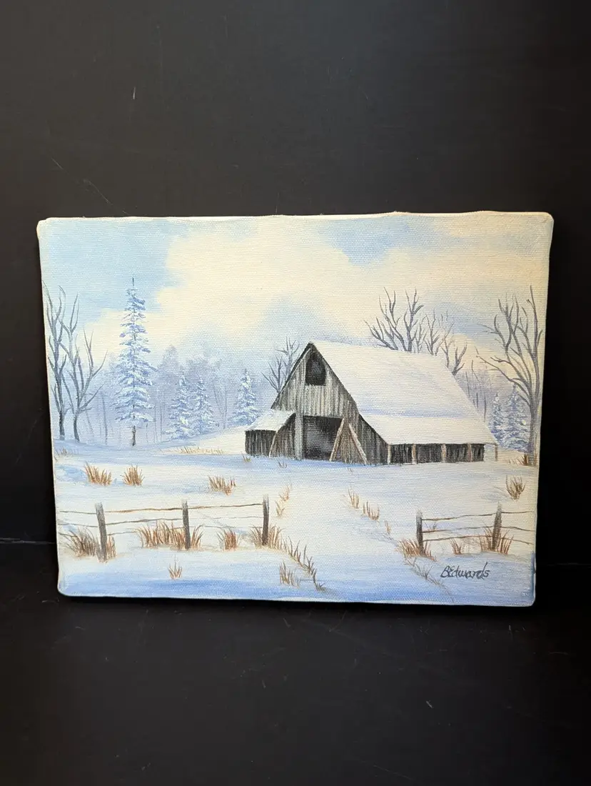 Original Oil Painting- Barn in a Winter Snow Scene- Unframed