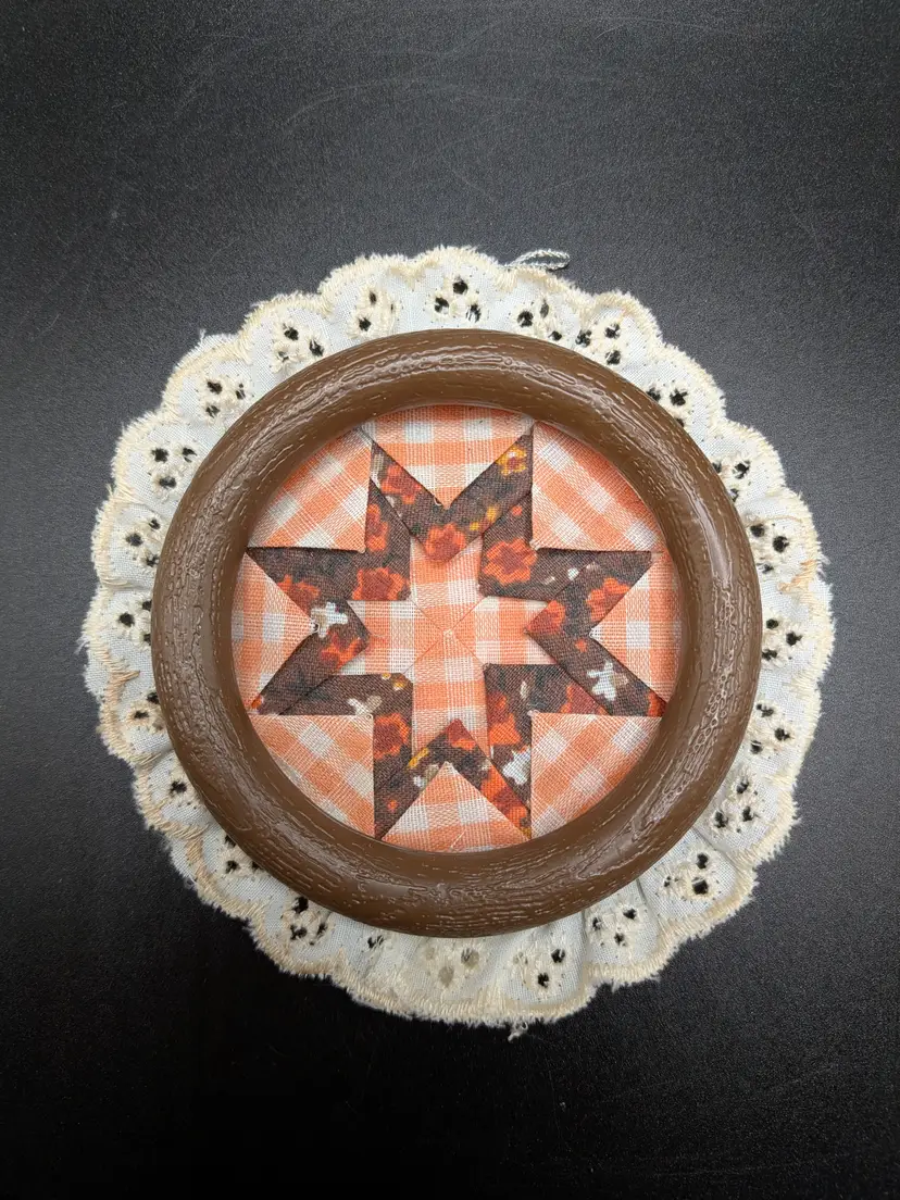 Vintage Handmade Hand Sewn Miniature Quilted Star Textile Framed Pattern Ornament Magnet
