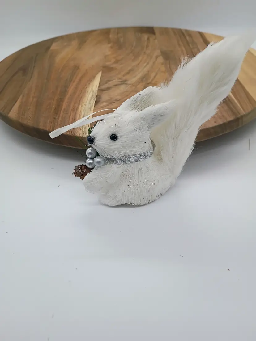 Rustic White Bristle and Faux Fur Squirrel Christmas Tree Ornament Country