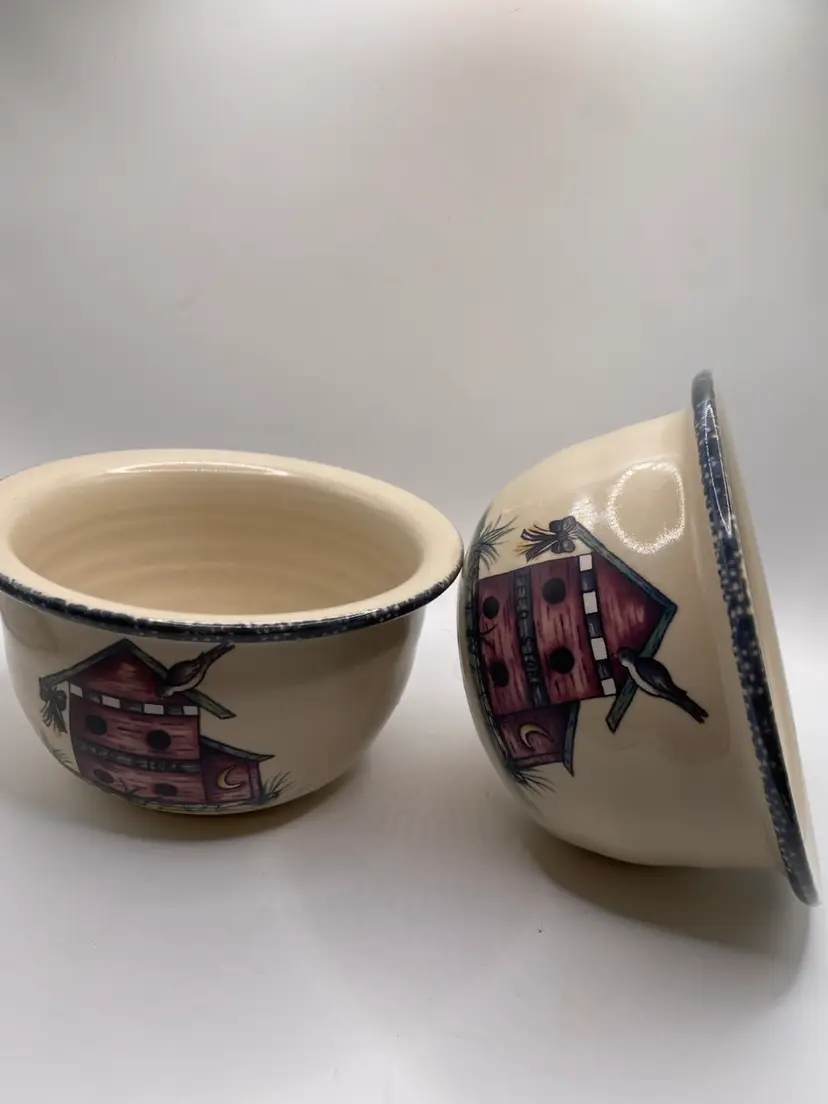 Vintage Home Garden Party Birdhouse Stoneware Soup Cereal Bowls Set of 2 MINT