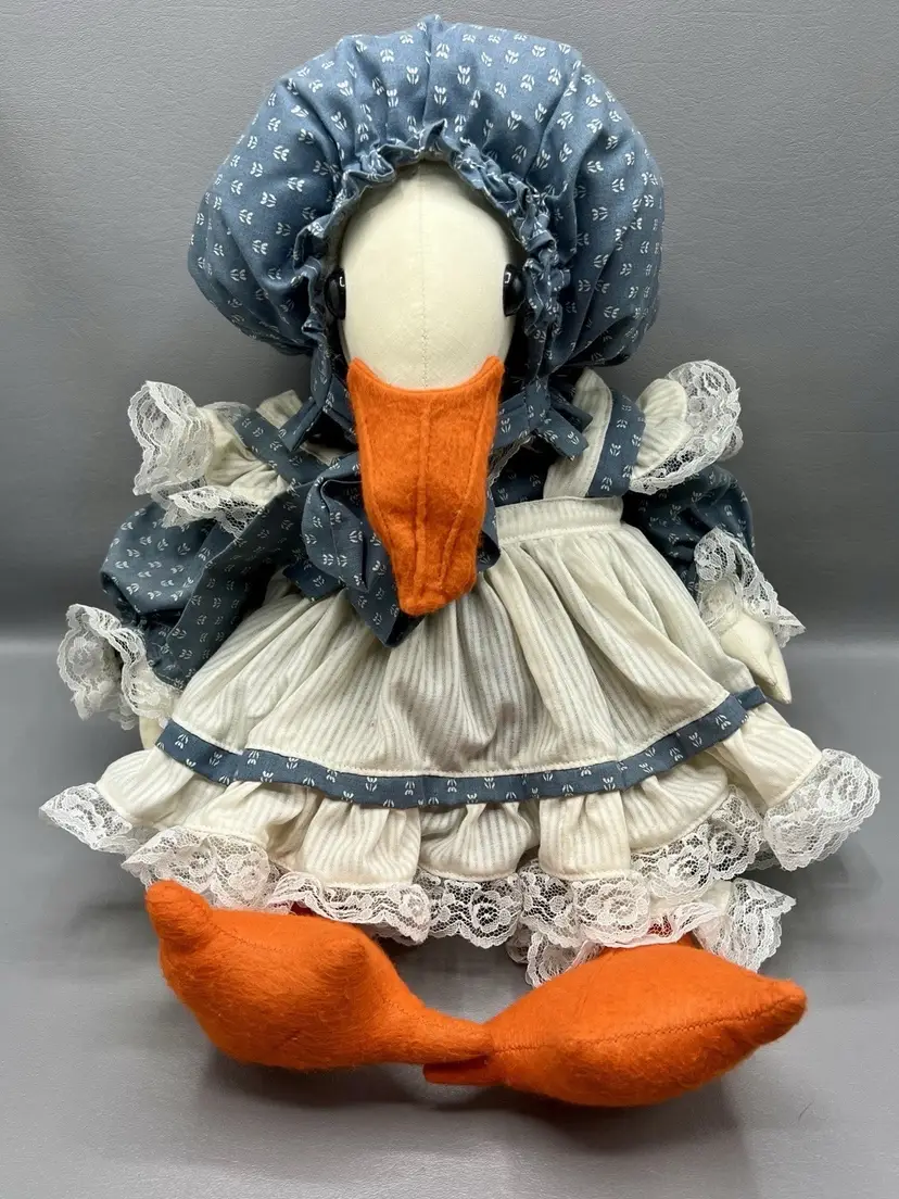24" Vintage Handmade Cloth Goose Doll Blue Bonnet Lace Dress Country Farmhouse