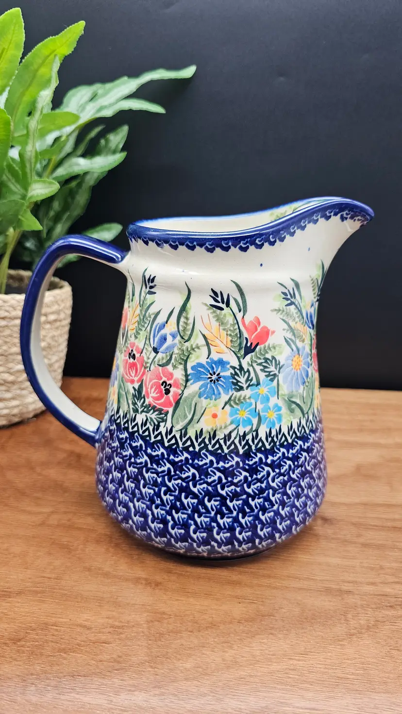 Kalich Boleslawiec Polish Pottery Hand Painted Floral Water Pitcher UNIKAT 7"Tall