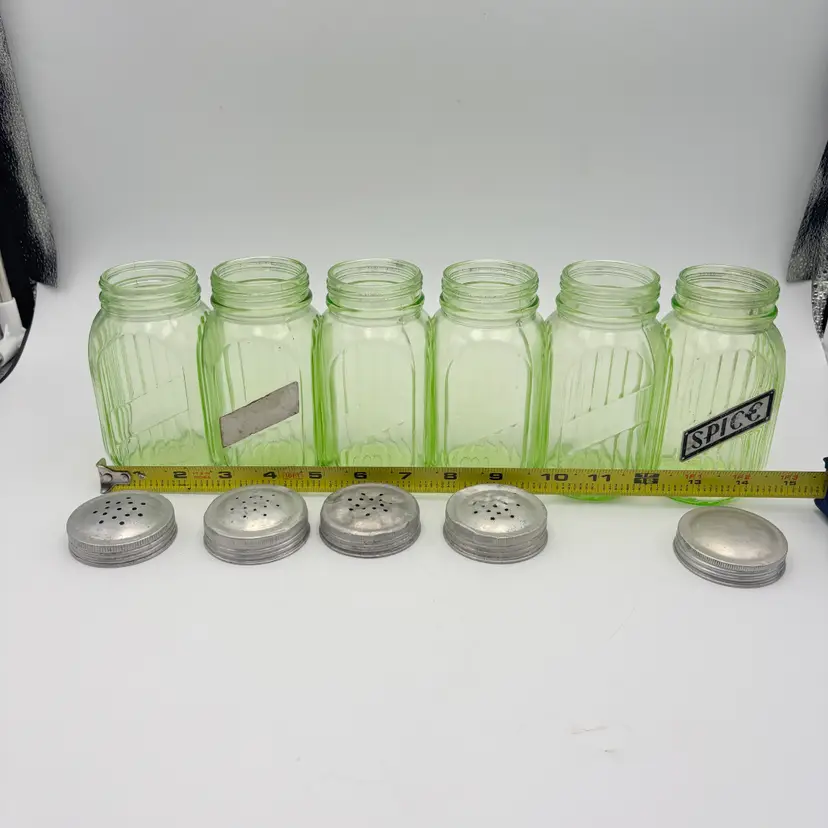 Vintage 1930s Uranium Depression Shakers Glass Hoosier Spice Jars Set 6 Glows