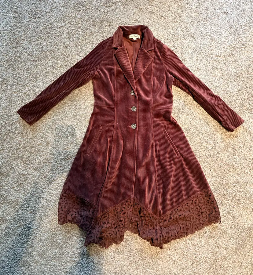 Simply Noel Brown Corduroy Dress/Duster with Lace Hem SZ S/M