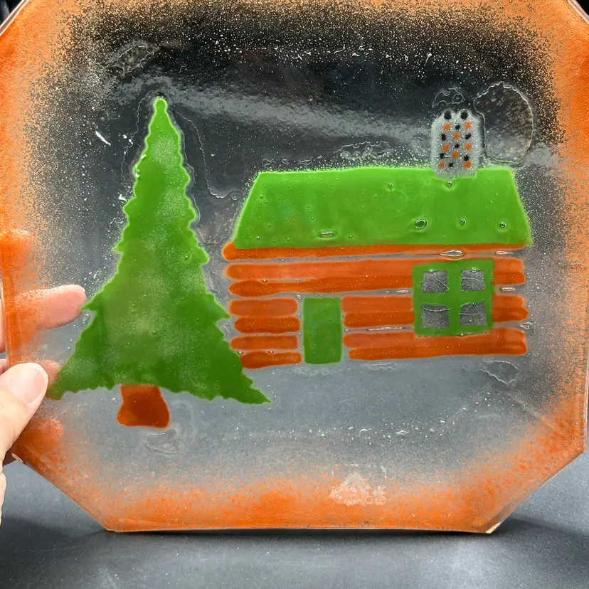 Vintage Fused Glass Cabin Scene Plate