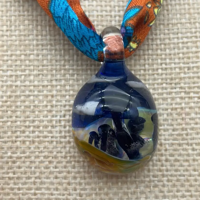 #01 Artisan Lampwork Glass Mushroom Pendant on Twilly Scarf Necklace | Handcrafted Woodland Art Glass