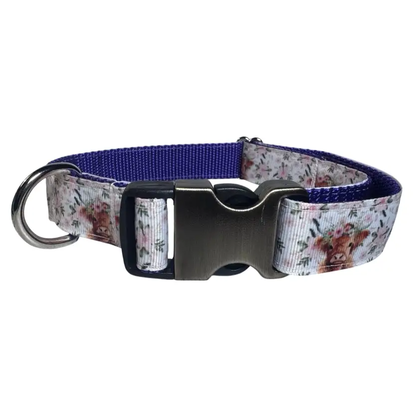Dog Collar Highland Cow Purple Large Handmade Heavy Duty W/Buckle NEW