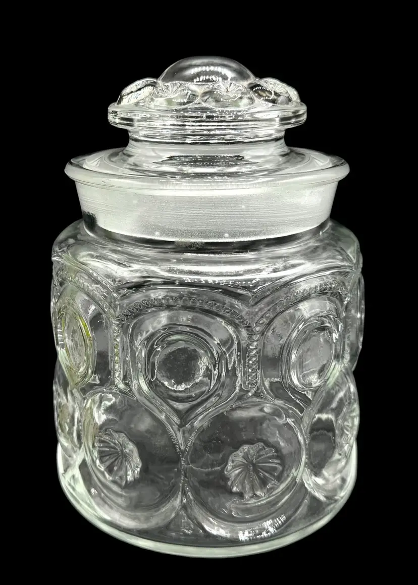 Vintage LE Smith Moon and Star Canister with Lid Crystal Clear Cookie Jar 7”