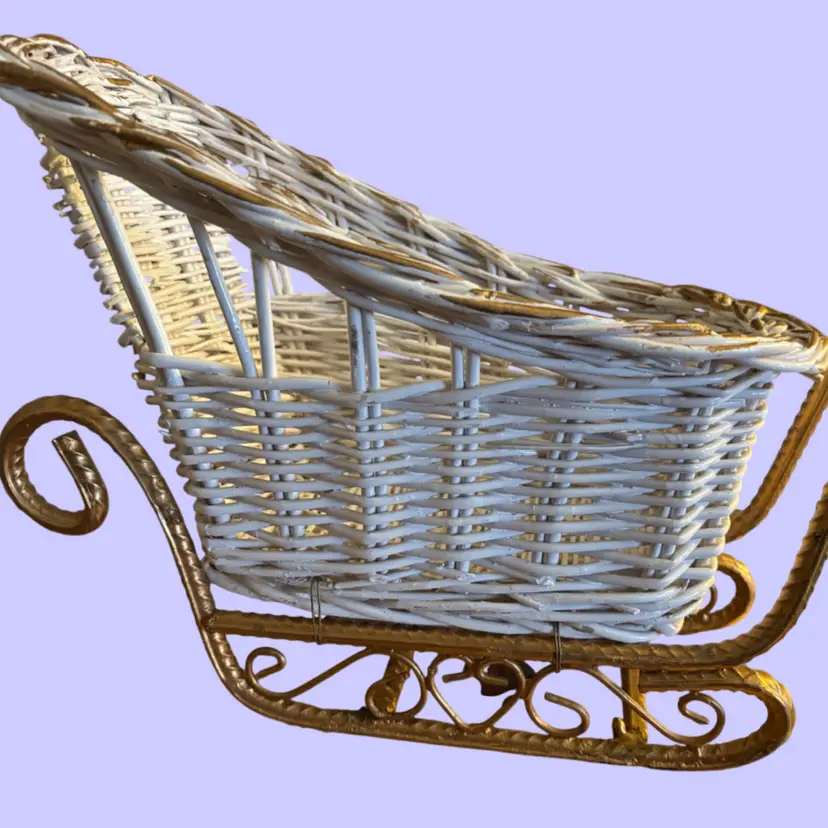Vintage Wicker And Solid Brass Centerpiece Sleigh
