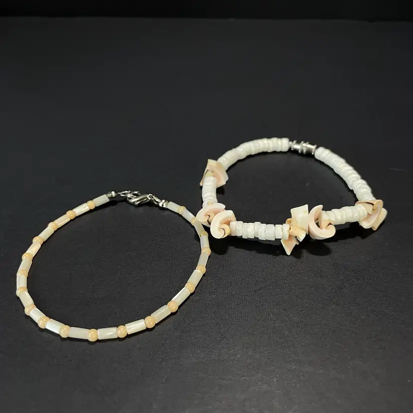 Bracelet Set Heishi & Puka Shell and Mother of Pearl Tube Bead Bracelet Boho Jewelry 7.5"