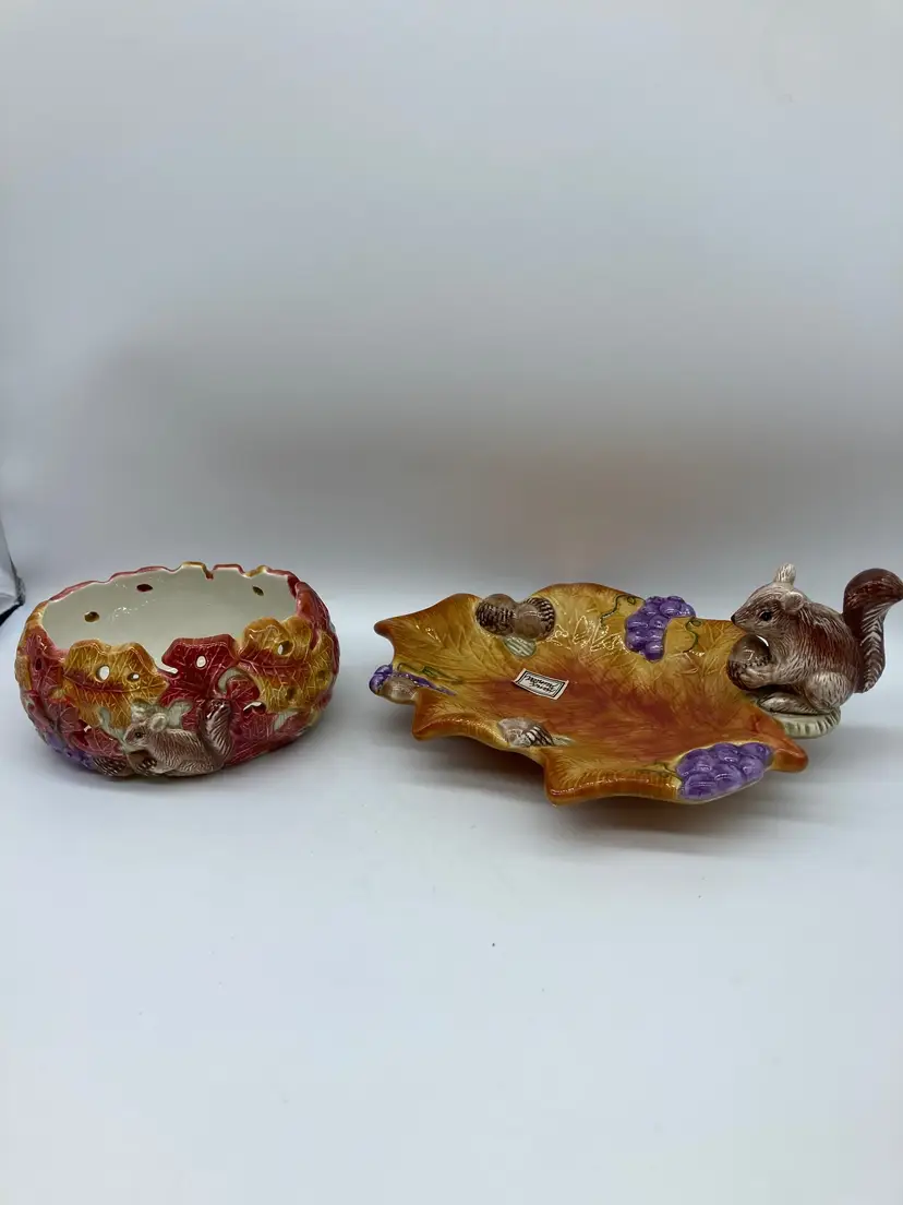 2 Fitz and Floyd Autumn Woods Fall Candle Holder, Candy Dish Squirrel & Leaves