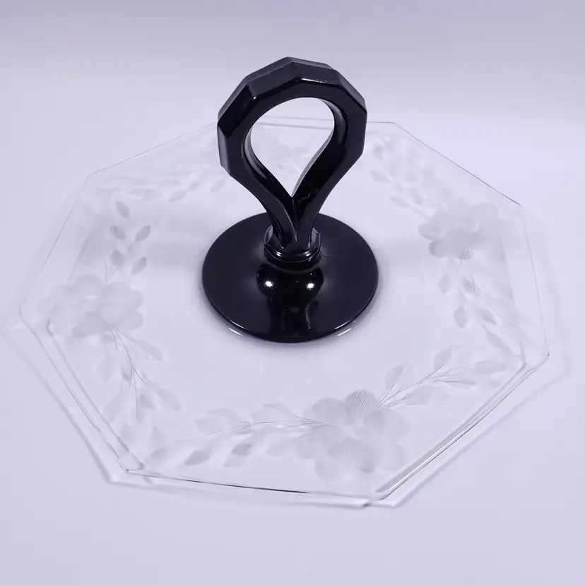 Vtg Art Deco Octagonal Clear Glass Wheel Cut Black Center Handle SERVING PLATE