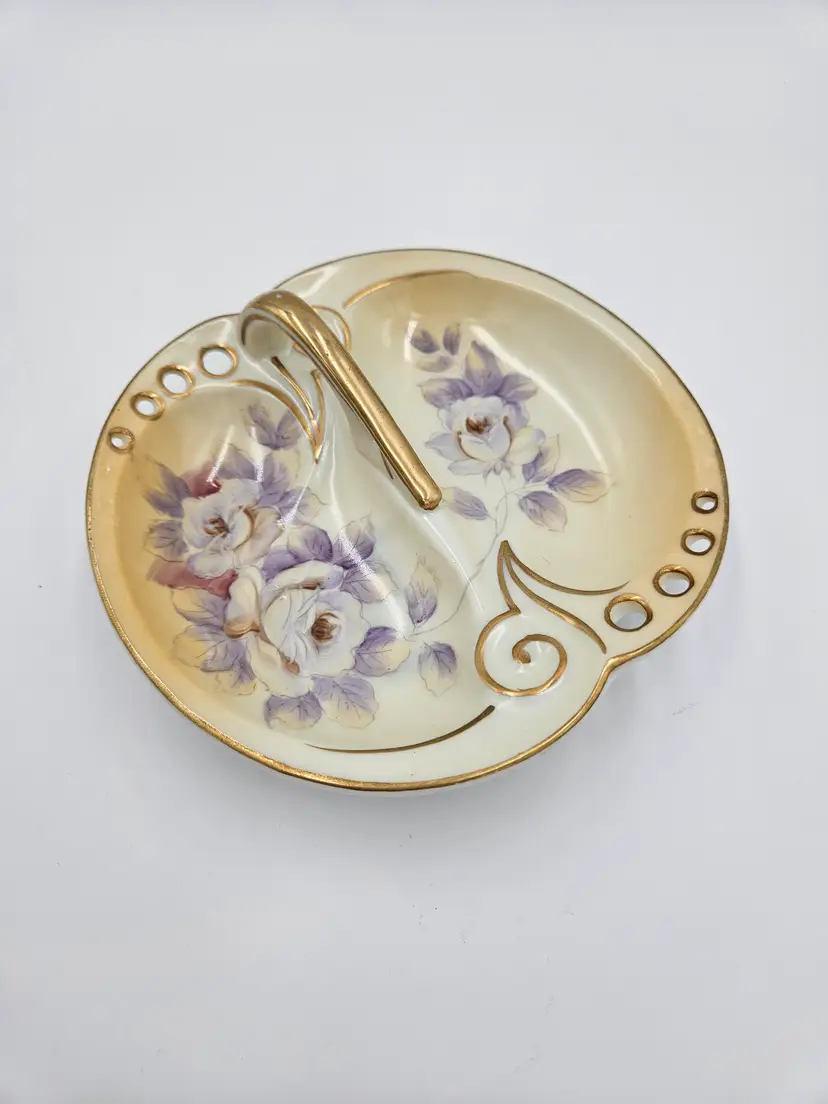#D33 Porcelain Pale Yellow Hand Painted Purple Roses 2 Section Dish