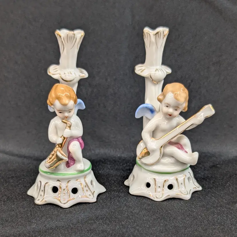 Vintage Japan Cherub Candlestick Holders Bud Vase Saxophone Guitar Porcelain Figurine