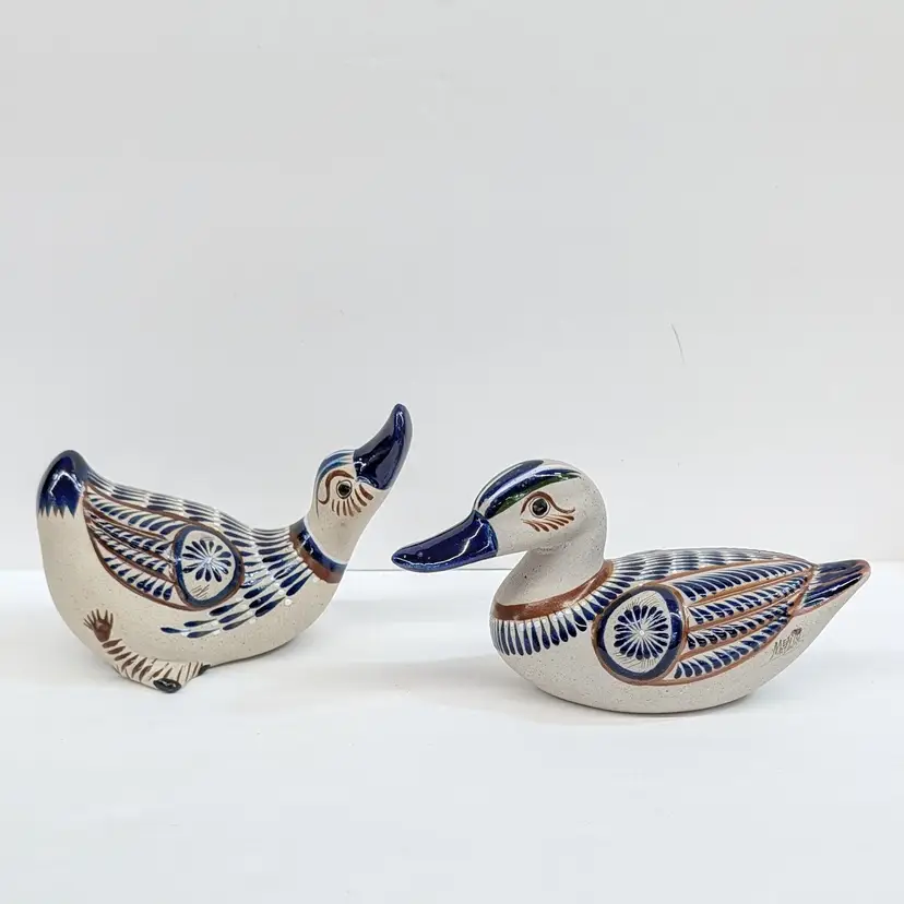 Vintage Tonala Mexican Folk Art Duck Pottery Pair Signed Mateos Hand Painted