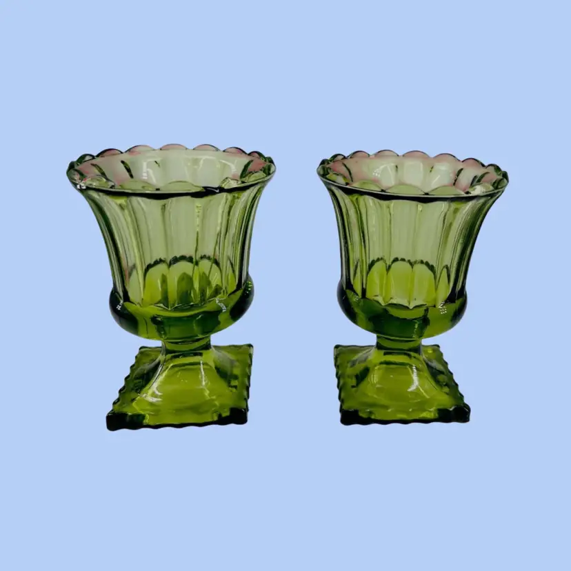 #012- Green Glass Urn Vase 
Pedestal Faceted Centerpiece 
Indiana Glass Company
Christmas Holiday Thanksgiving Tablescape
