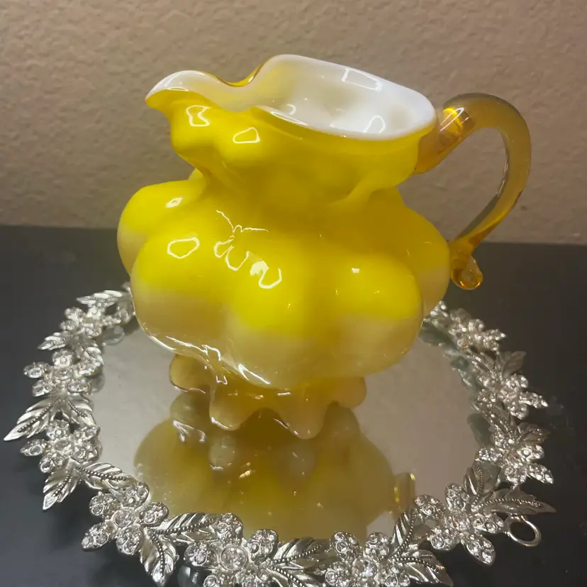 Gorgeous Canary Yellow Kanhawa Cased Glass 5” Creamer