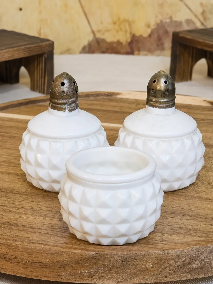 Vintage Milk Glass Salt and Pepper Shakers with Mustard Pot