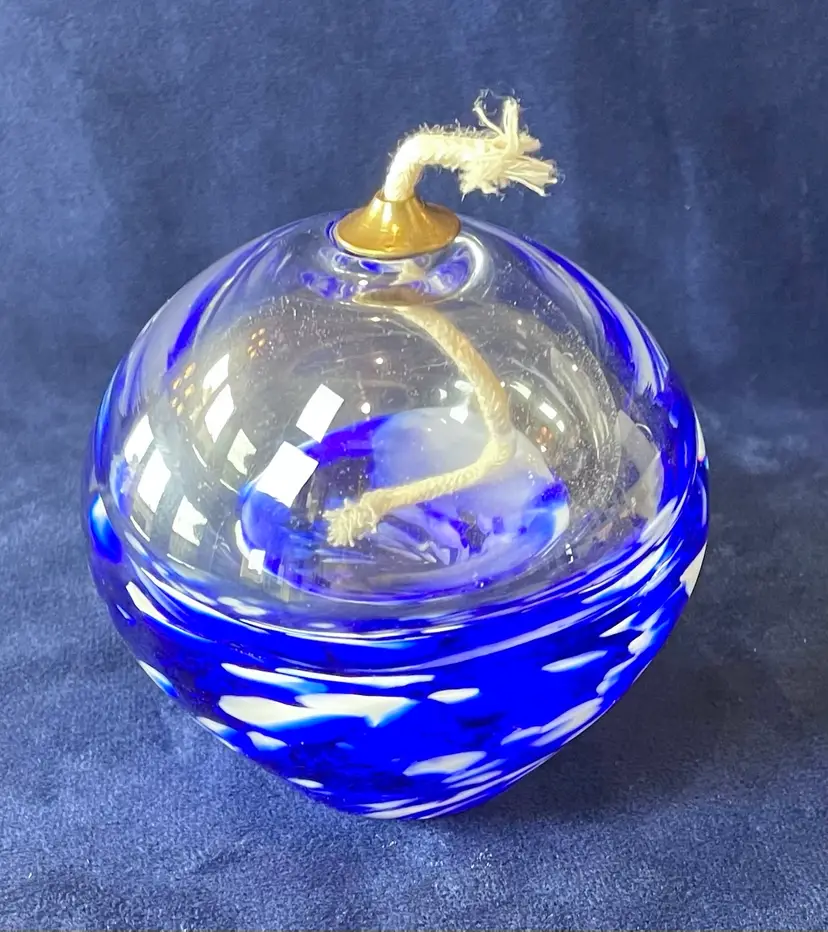 Vintage Hand Blown Art Glass Oil Lamp Blue & White Swirl Sphere Globe with Brass Wick Holder / Paperweight