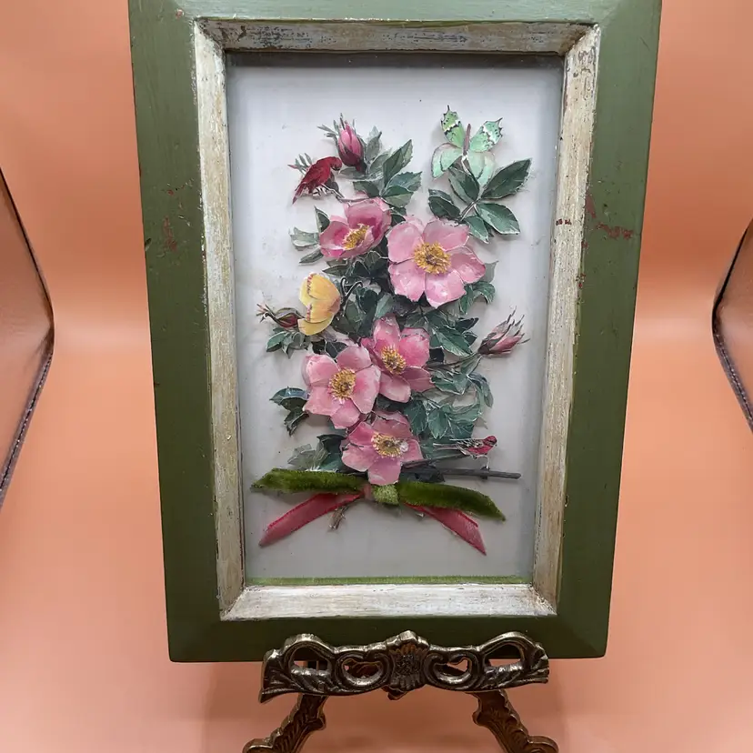 🍁 Vintage Decoupage 3D Paper Layered Bouquet In Shadow Box #1