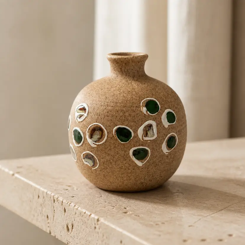 Speckled Brown Ceramic Vasew/ Embedded Pebble Like Inlays, 3.5"