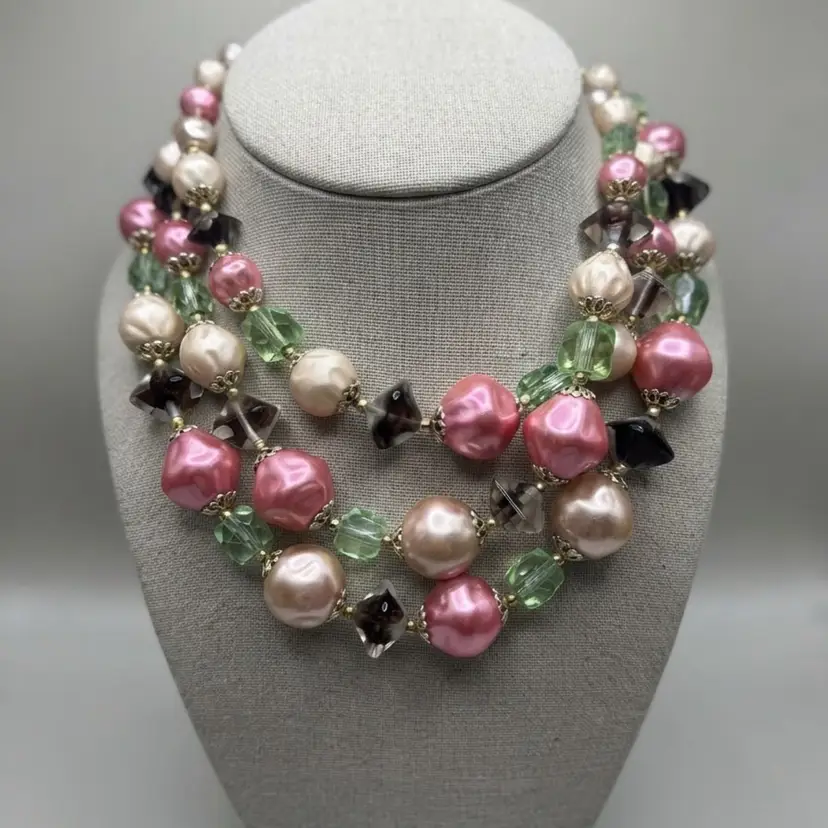 182. Japan Multi-Strand Statement Necklace Pink Faux Pearl Green & Smoke Faceted Beads